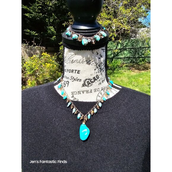 925 Sterling Silver Turquoise & Swarovski Crystal Necklace Bracelet Set - Picture 11 of 15